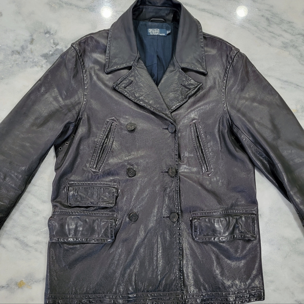 Rare RL Black Leather Peacoat XL